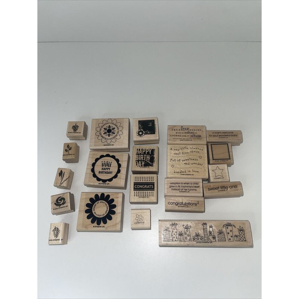 Lot Of 21 Wood Mounted Rubber Stamps Stampin Up Floral Happy Birthday Baby Love
